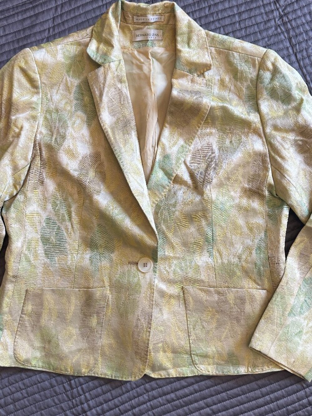 Bernard Zins Paris Linen Silk Jacquard Blazer Jacket Yellow Green Floral Sz 10